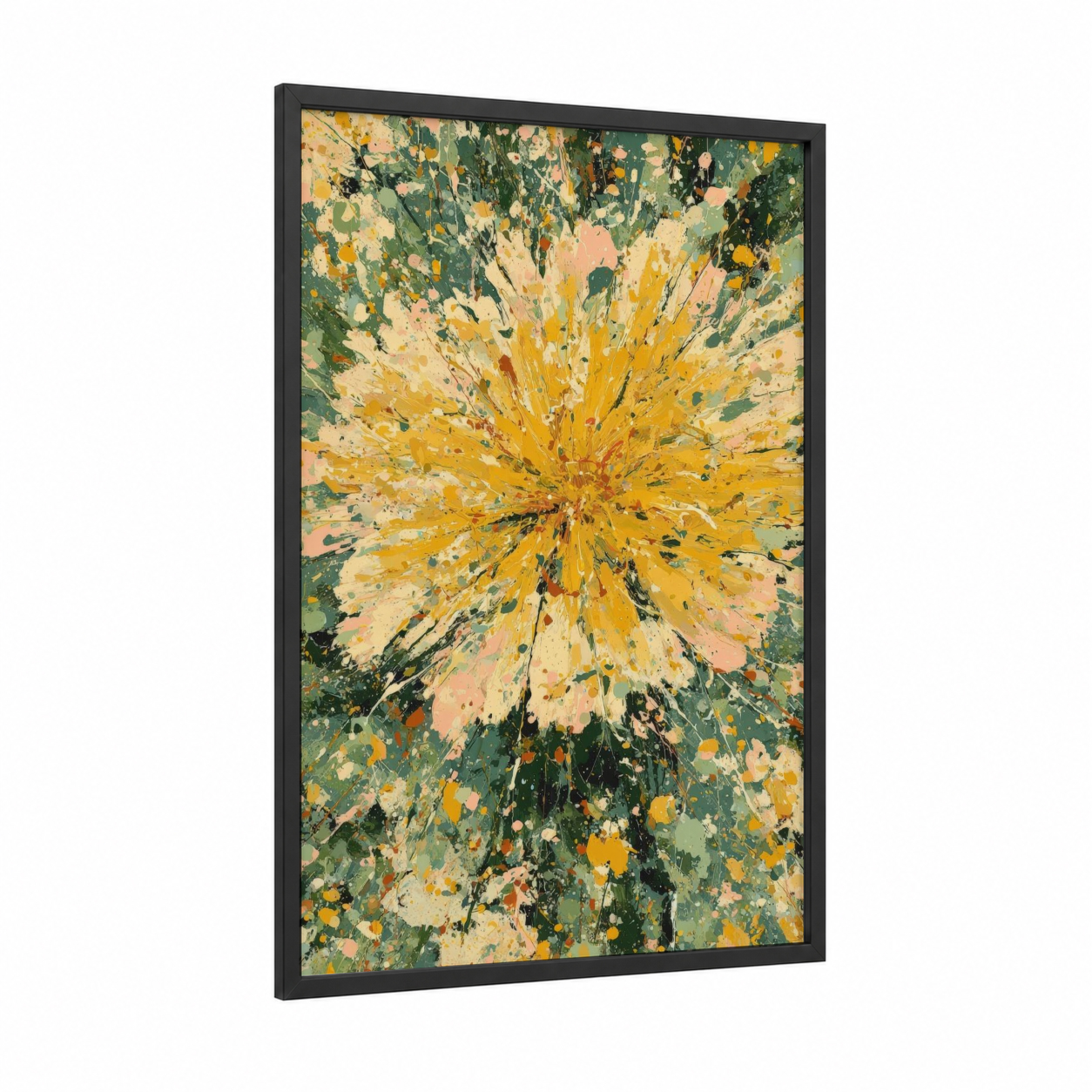 Radiant Dandelion framed art print — black wood frame — yellow gold and sage green palette