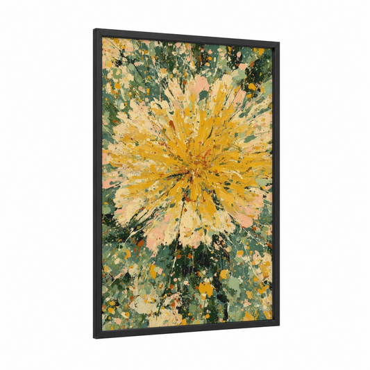 Radiant Dandelion framed art print — black wood frame — yellow gold and sage green palette