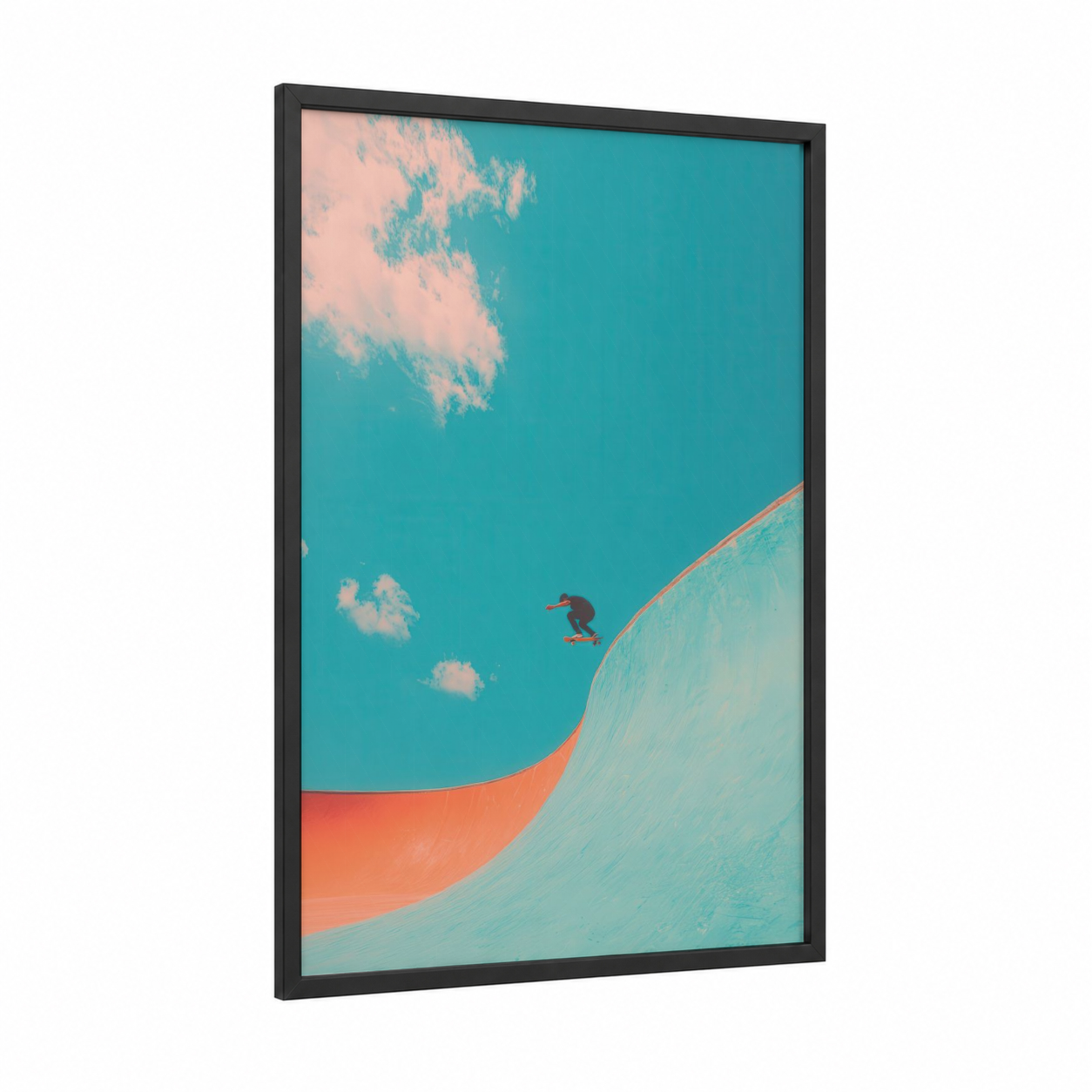 Sky Skater framed skateboarding print — black wood frame — turquoise and peach palette