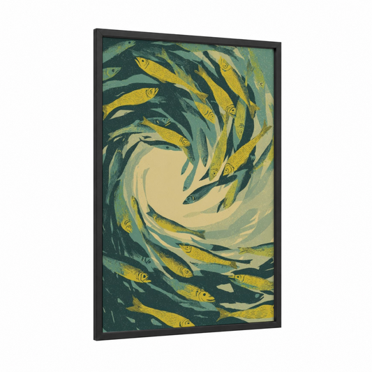 Yellow Fish Swirl framed seafood print — black wood frame — teal and yellow gold palette