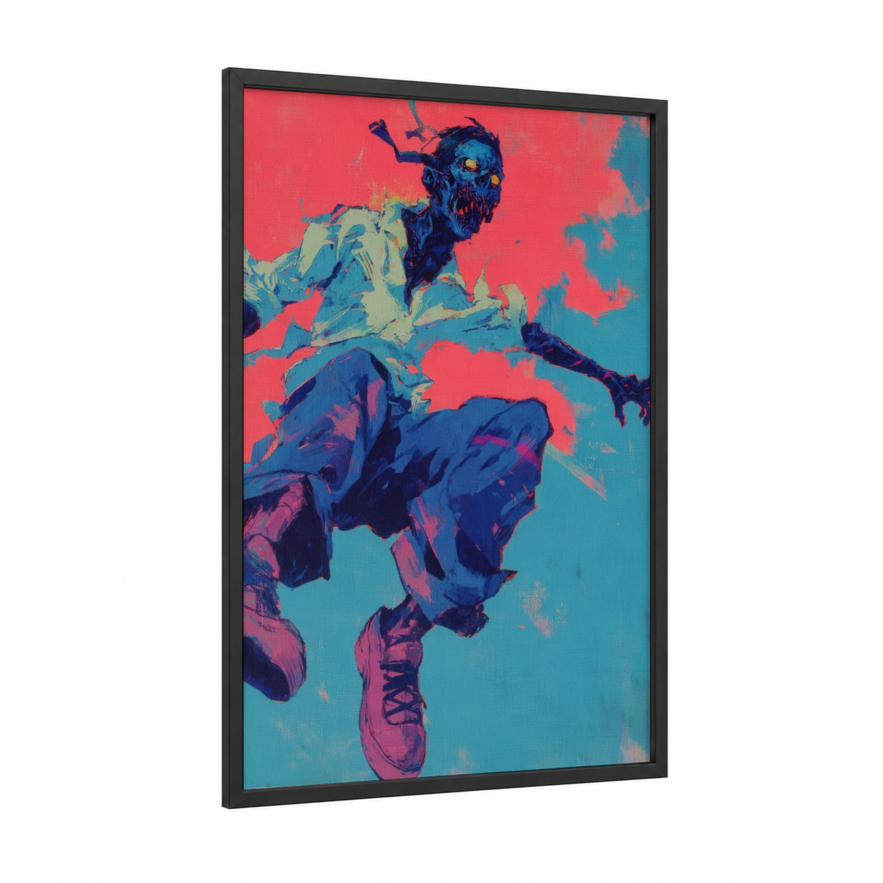 Neon Zombie framed art print — black wood frame — magenta and turquoise palette