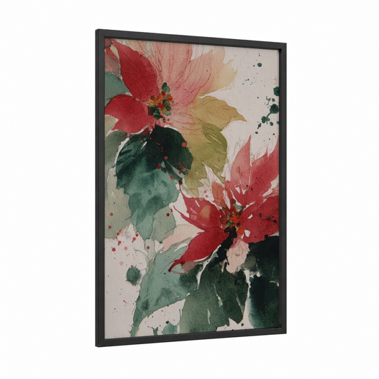 Crimson Poinsettias framed art print — black wood frame — red and dark green palette