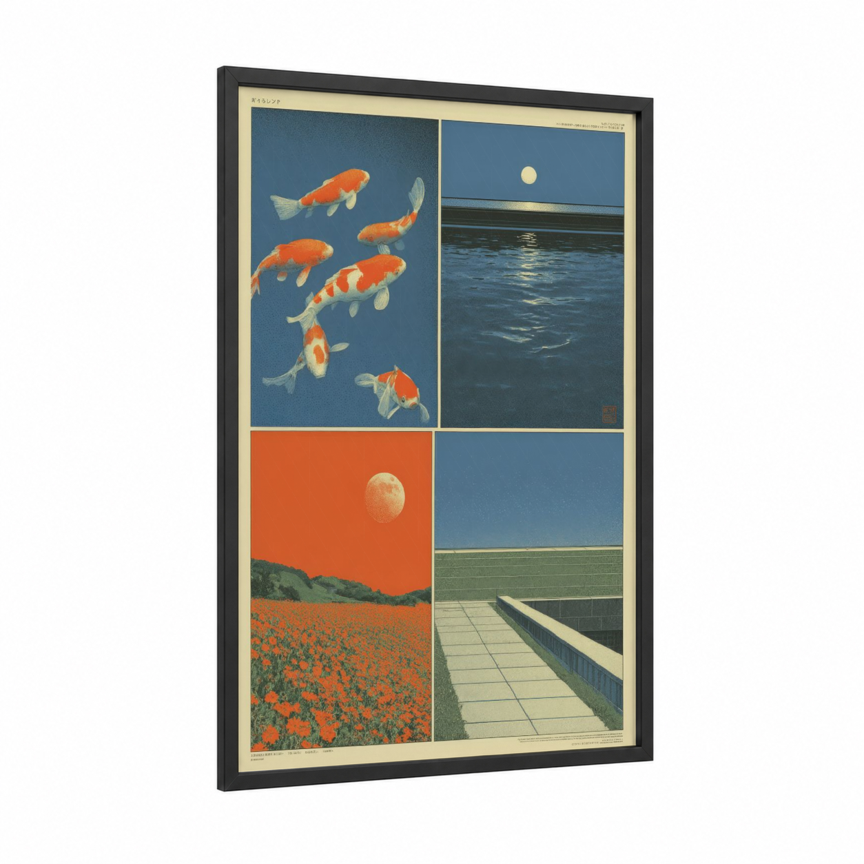 Moonlit Koi Panel framed japanese y2k print — black wood frame — orange and dark blue palette