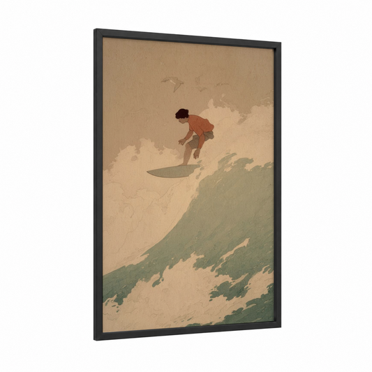 Wave Rider framed surfing print — black wood frame — beige and sage green palette