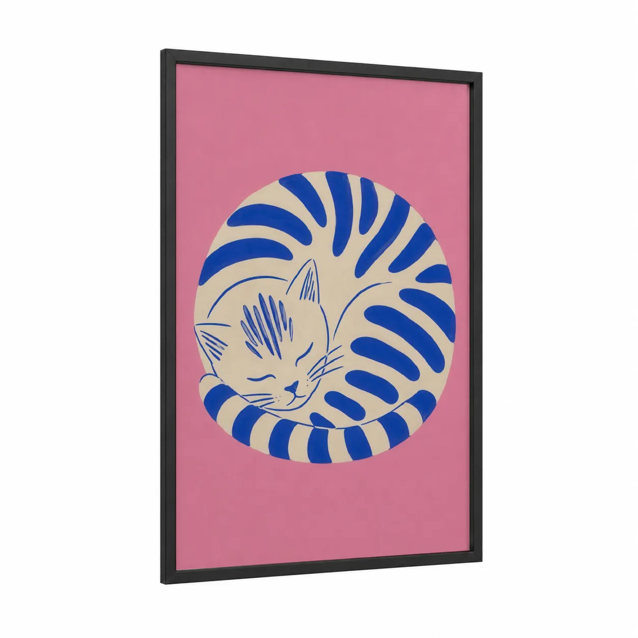 Sleeping Blue Striped Cat Wall Art framed art print — black wood frame — blue and pink palette