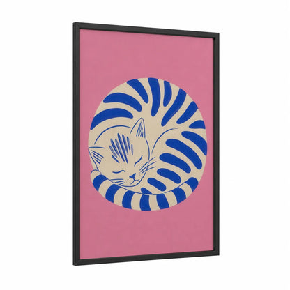 Sleeping Blue Striped Cat Wall Art framed art print — black wood frame — blue and pink palette