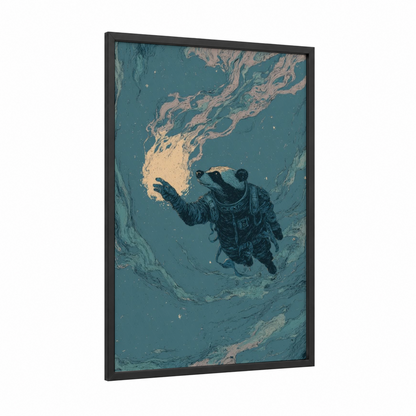 Cosmic Badger framed art print — black wood frame — teal and cream palette