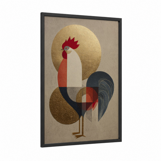 Geometric Rooster framed chicken and roosters print — black wood frame — gold and red palette