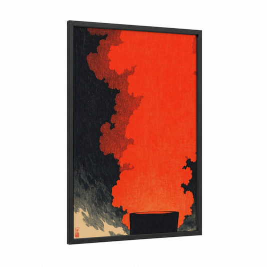 Crimson Fireplace framed art print — black wood frame — red and black palette