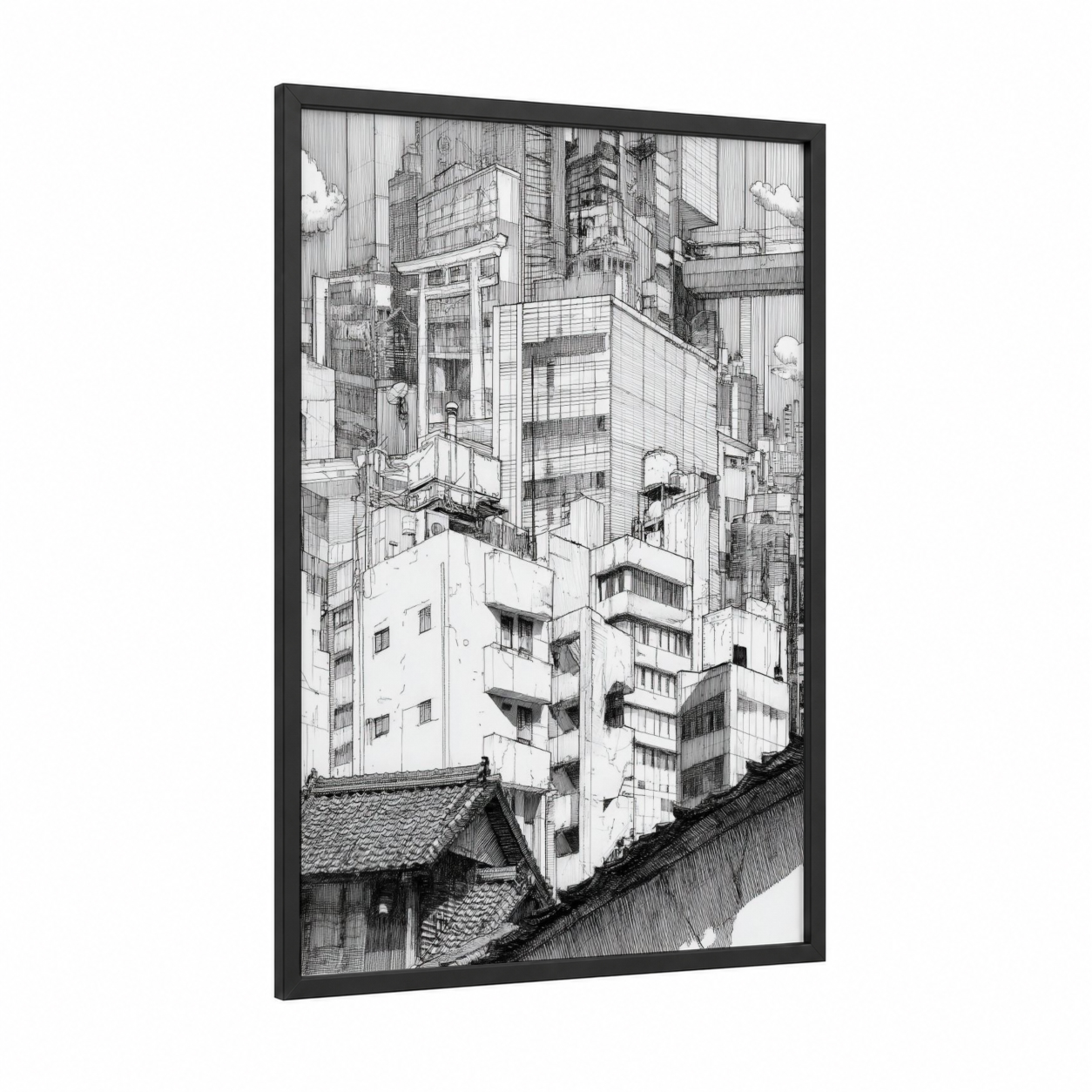 Urban Contrast framed abstract architecture print — black wood frame — black and white and gray palette