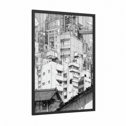 Urban Contrast framed abstract architecture print — black wood frame — black and white and gray palette