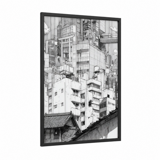 Urban Contrast framed abstract architecture print — black wood frame — black and white and gray palette