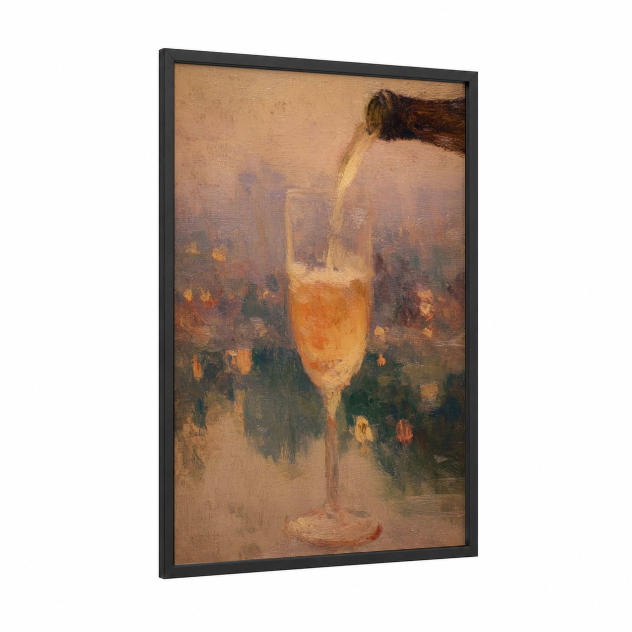 Champagne Toast framed art print — black wood frame — gold and russet palette