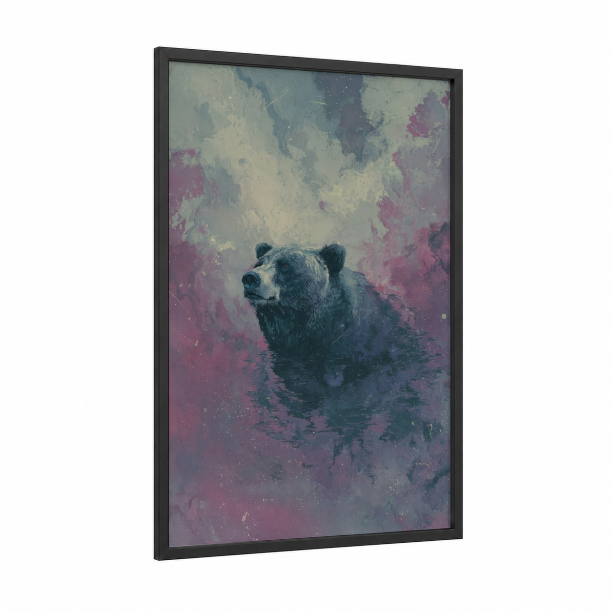 Ethereal Grizzly framed grizzly bear print — black wood frame — lavender and rose gold palette