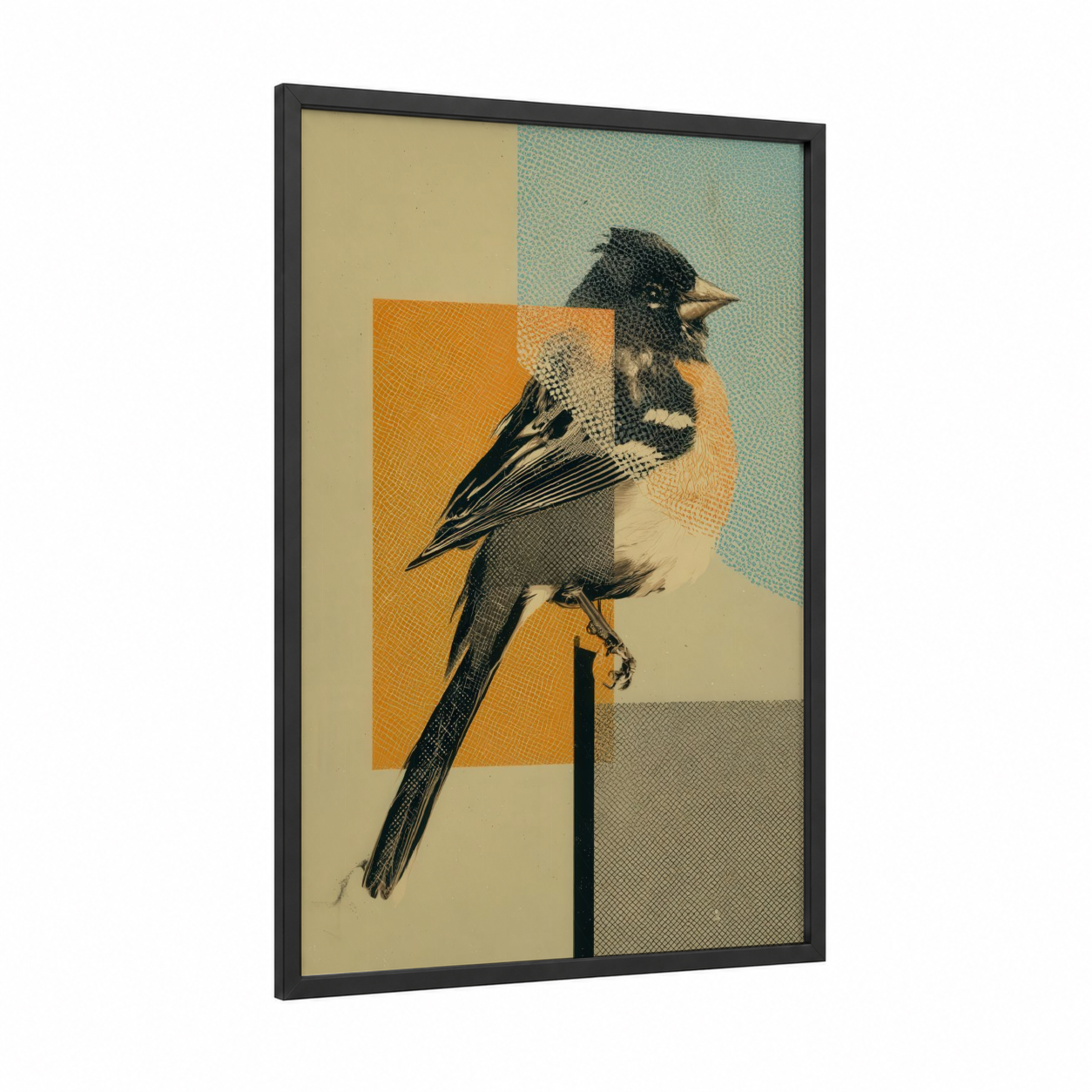 Geometric Finch framed art print — black wood frame — orange and sage green palette