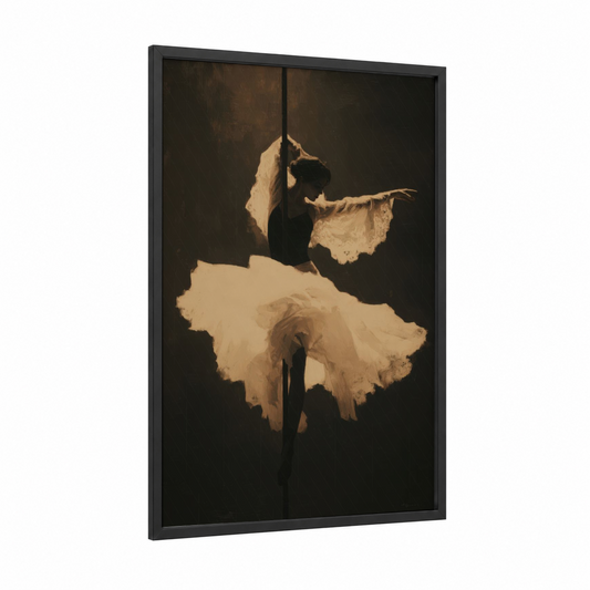 Ethereal Pole Dancer framed pole dancing print — black wood frame — gold and black palette