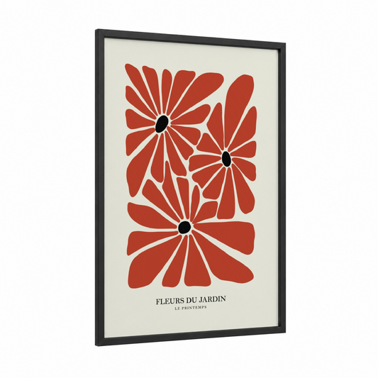 Crimson Garden Blooms framed abstract flower print — black wood frame — red and cream palette