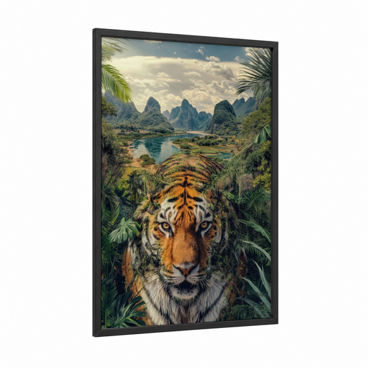 Jungle Tiger Portrait framed art print — black wood frame — gold and green palette