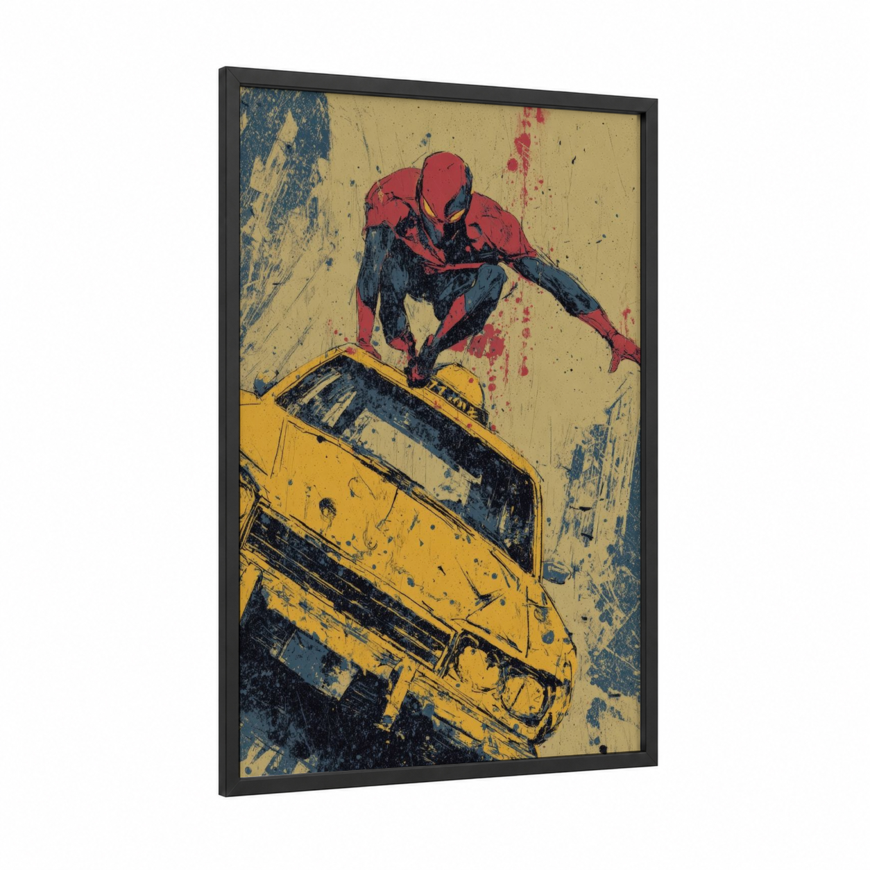 Urban Taxi Leap framed taxi cab print — black wood frame — red and yellow gold palette