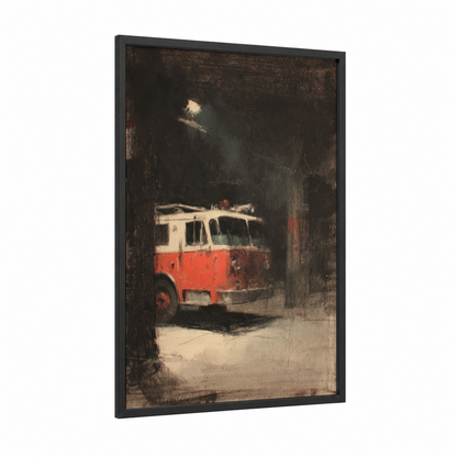 Vintage Fire Engine framed art print — black wood frame — red and black palette