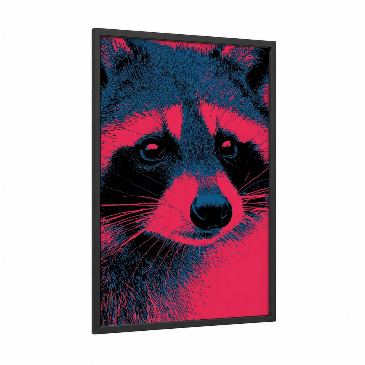 Neon Raccoon framed art print — black wood frame — magenta and dark blue palette