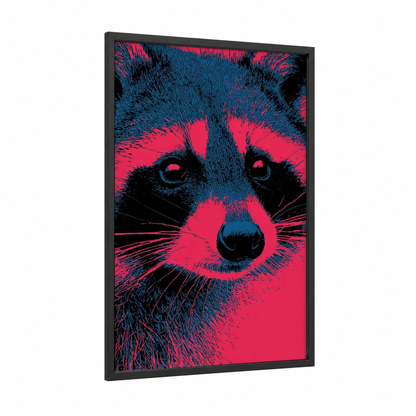 Neon Raccoon framed art print — black wood frame — magenta and dark blue palette