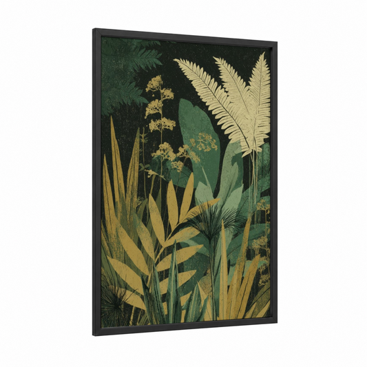 Golden Jungle Foliage framed leaf print — black wood frame — dark green and gold palette