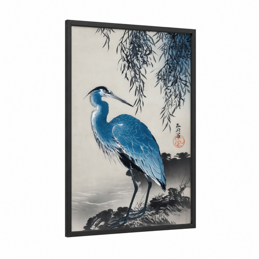Azure Heron framed art print — black wood frame — blue and black and white palette