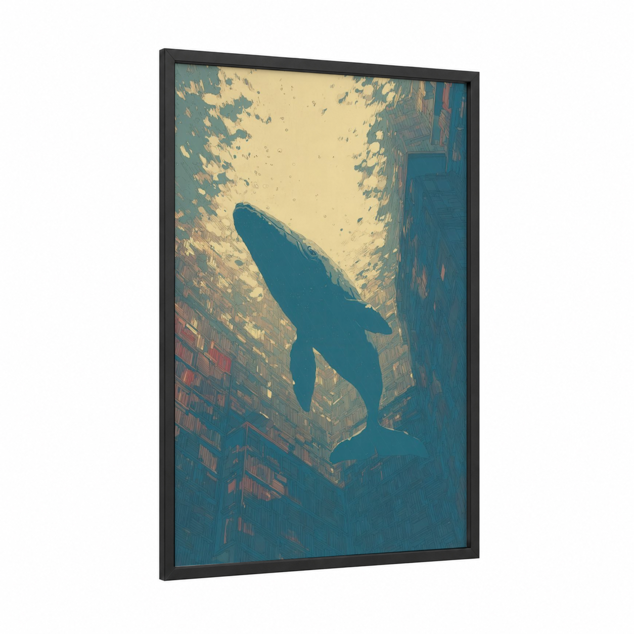 Urban Whale framed blue whale print — black wood frame — teal and cream palette