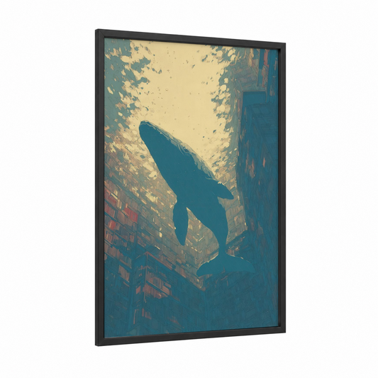 Urban Whale framed blue whale print — black wood frame — teal and cream palette