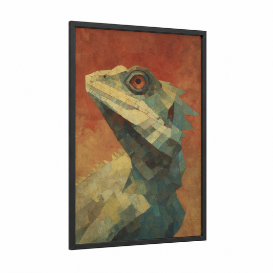 Geometric Lizard framed art print — black wood frame — russet and olive palette