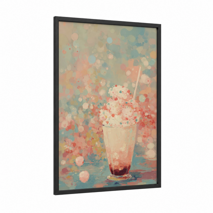 Dreamy Milkshake framed art print — black wood frame — peach and aquamarine palette