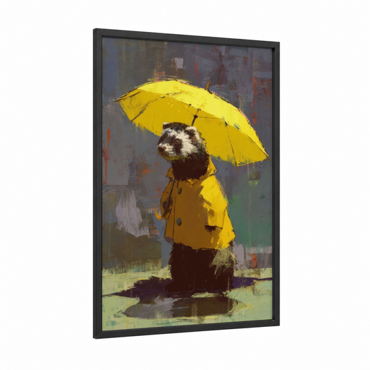 Rainy Day Ferret framed art print — black wood frame — yellow gold and gray palette
