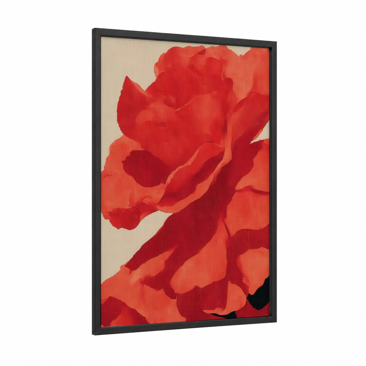 Crimson Flamenco framed art print — black wood frame — red and cream palette