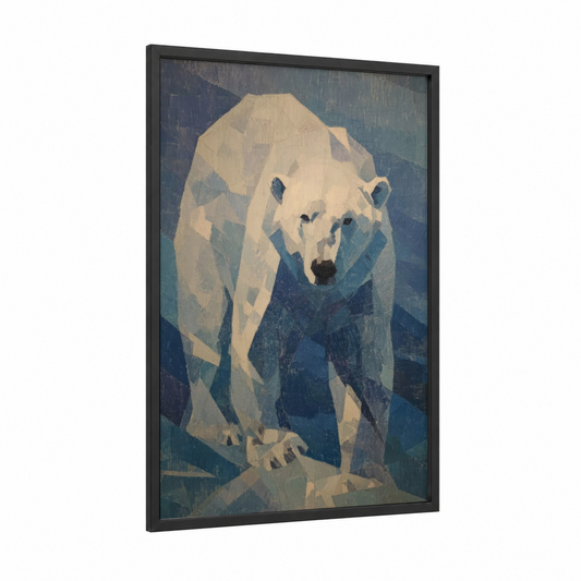Arctic Sentinel framed polar bear print — black wood frame — blue and white and dove gray palette