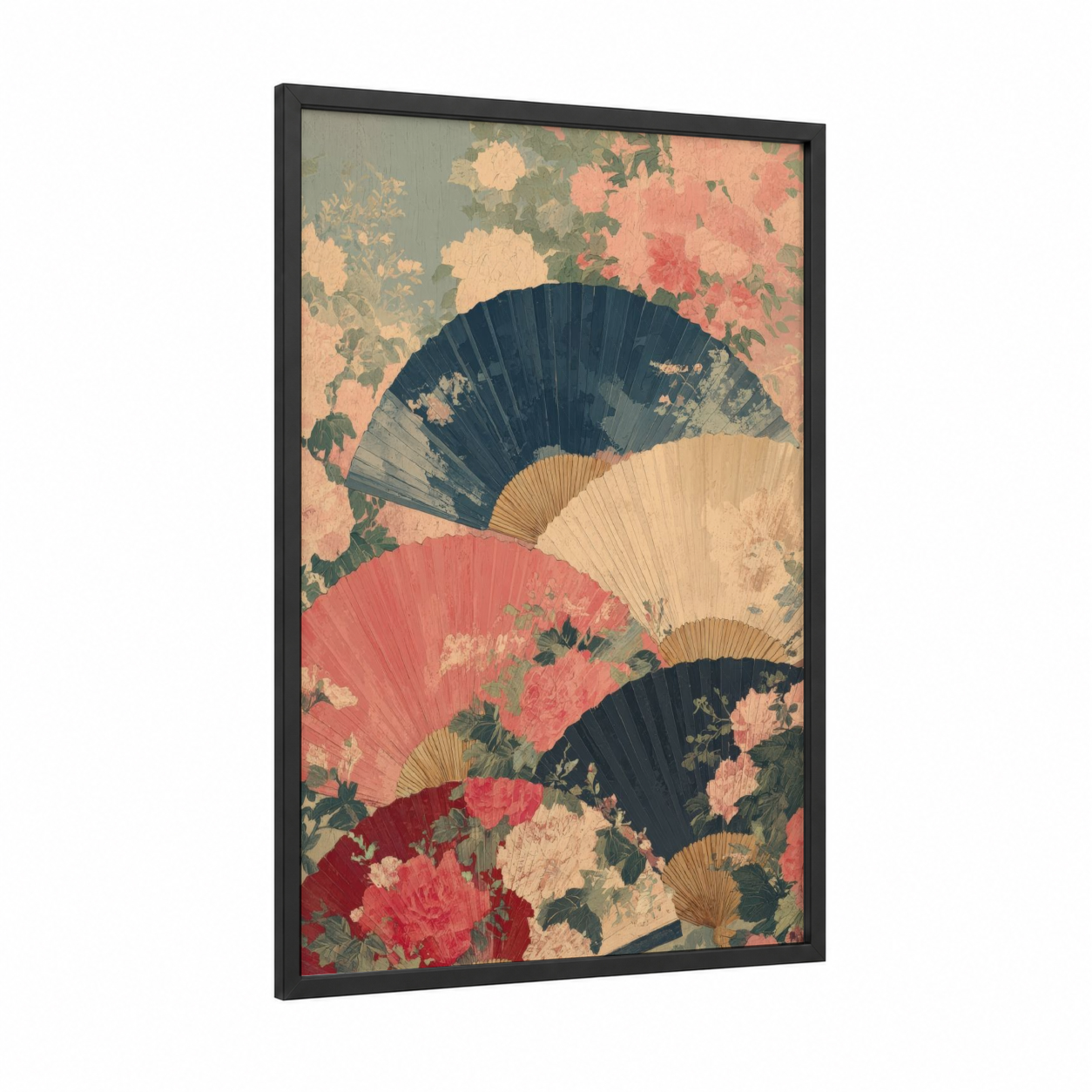 Floral Fan Collection framed accessories print — black wood frame — salmon pink and dark blue palette