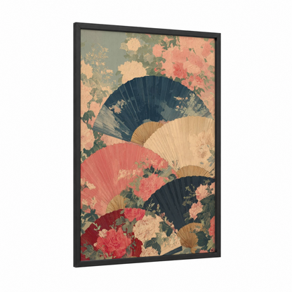Floral Fan Collection framed accessories print — black wood frame — salmon pink and dark blue palette