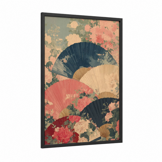 Floral Fan Collection framed accessories print — black wood frame — salmon pink and dark blue palette