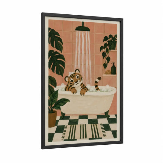 Tiger in Bathtub Tropical Wall Art framed art print — black wood frame — peach and true green palette