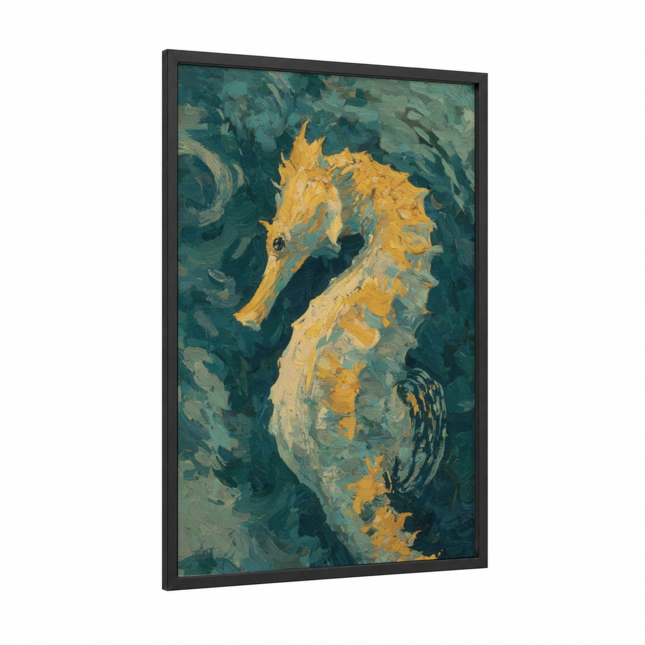 Golden Seahorse framed sea horse print — black wood frame — teal and gold palette