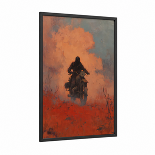 Desert Rider framed vintage motorcycle print — black wood frame — pumpkin and teal palette