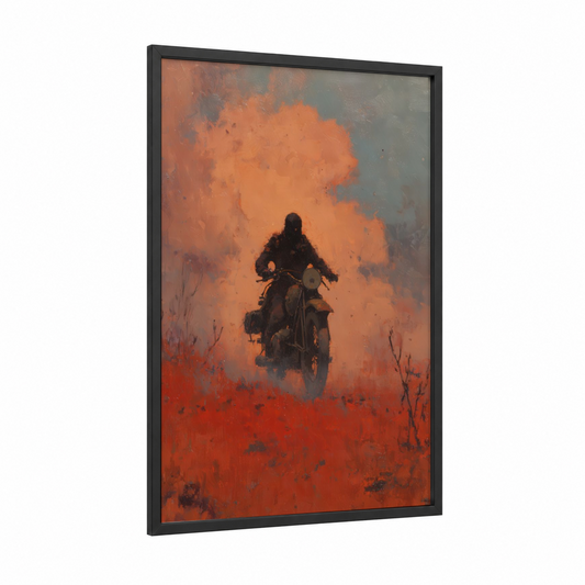 Desert Rider framed vintage motorcycle print — black wood frame — pumpkin and teal palette