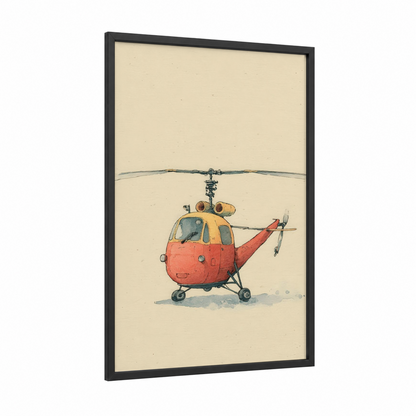 Vintage Rescue Helicopter framed art print — black wood frame — cream and red palette