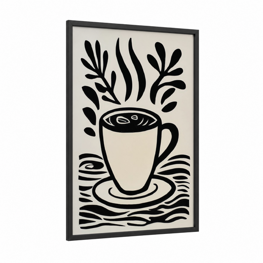 Botanical Coffee framed abstract flower print — black wood frame — black and white palette