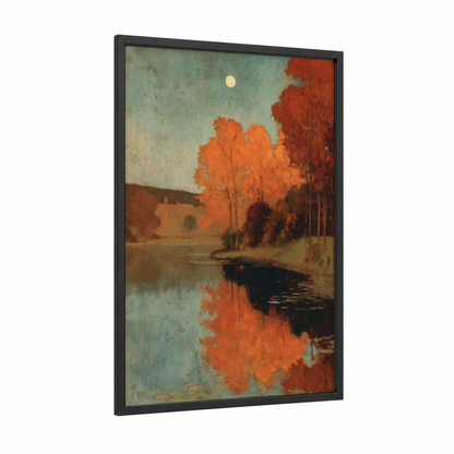 Autumn Moon Reflection framed art print — black wood frame — red and teal palette