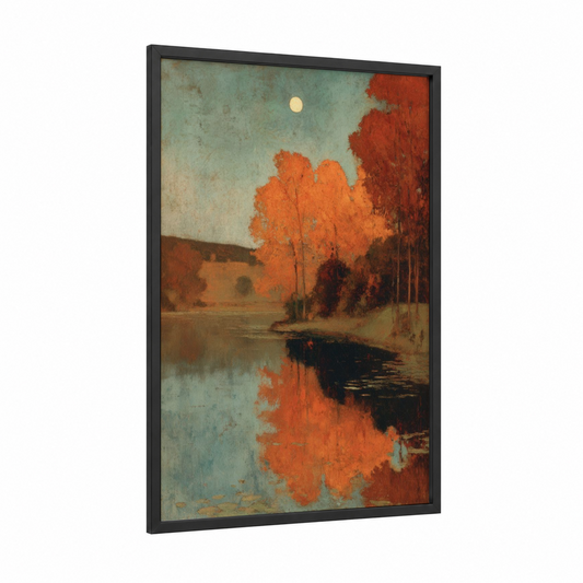 Autumn Moon Reflection framed art print — black wood frame — red and teal palette