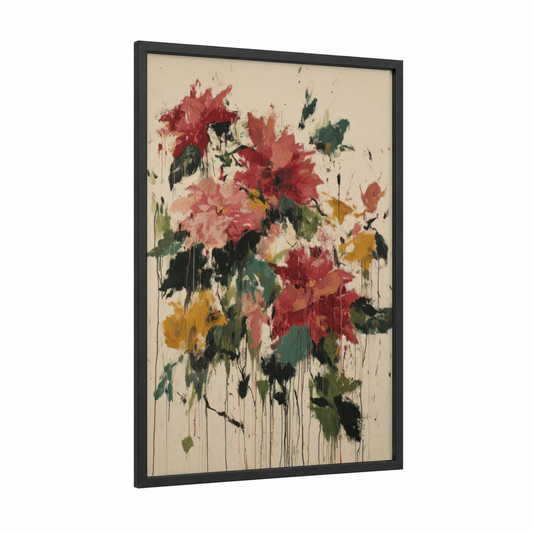 Crimson Poinsettias framed art print — black wood frame — red and gold palette