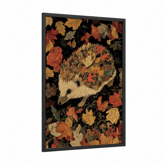 Autumn Hedgehog framed art print — black wood frame — gold and orange palette
