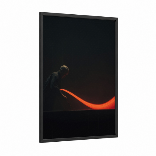 Glowing Craftsman framed glassworking print — black wood frame — black and red palette