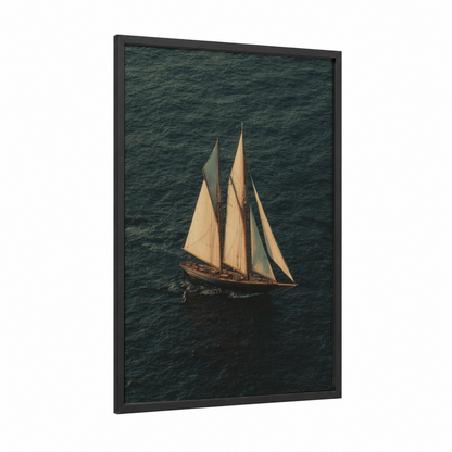 Golden Sailing Ship framed art print — black wood frame — cream and teal palette